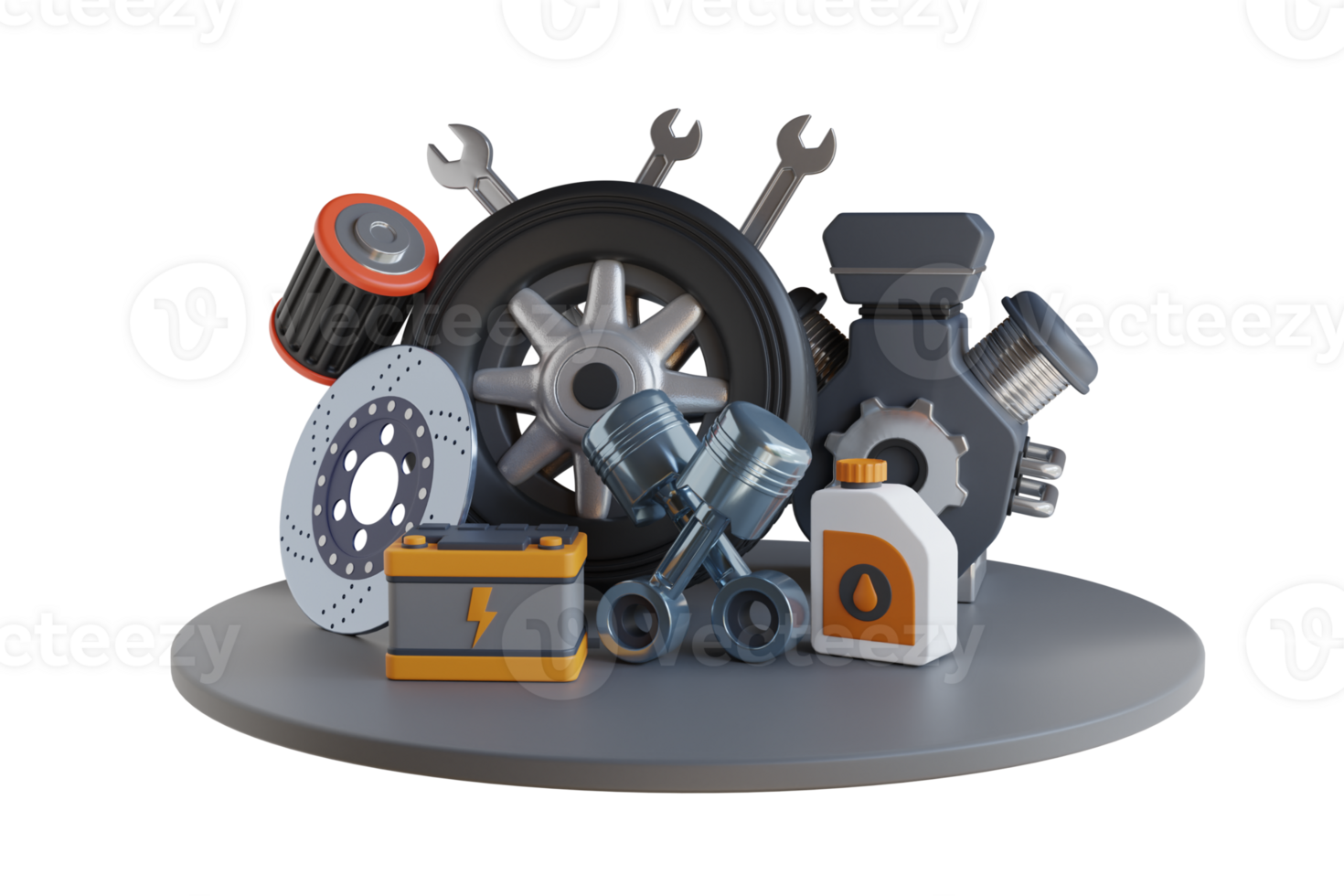 car tools, equipment and accessories. Set of automobile accessory. spare parts car. 3d illustration png