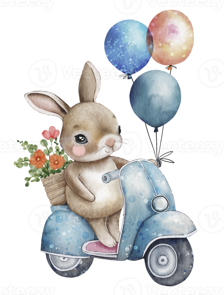 carino cartone animato coniglio su un' scooter con palloncini e fiori, acquerello illustrazione. png