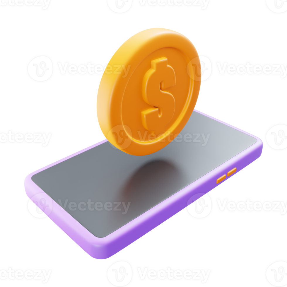 3d yellow coin icon on top of cellphone, sales, market png