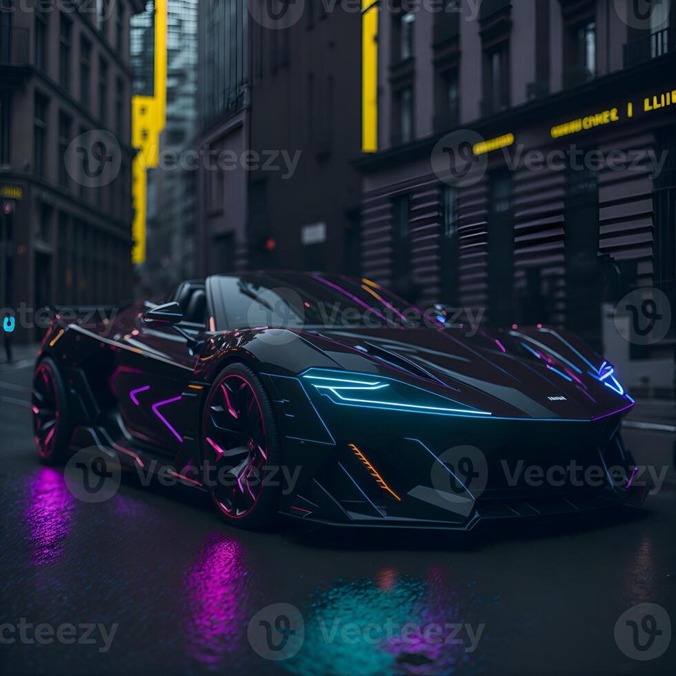Futuristic Car in the night fall streets photo