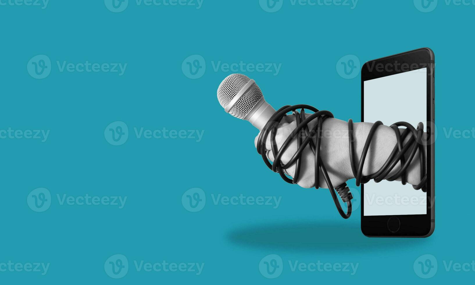 Modern art collage, the hand with phone microphone, on blue background photo