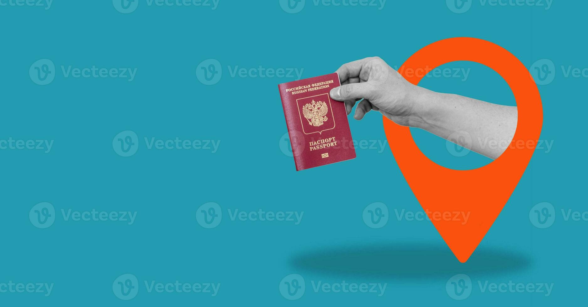 Art collage, the hand with Russian passport from navigation icon, on blue background with space for text. photo