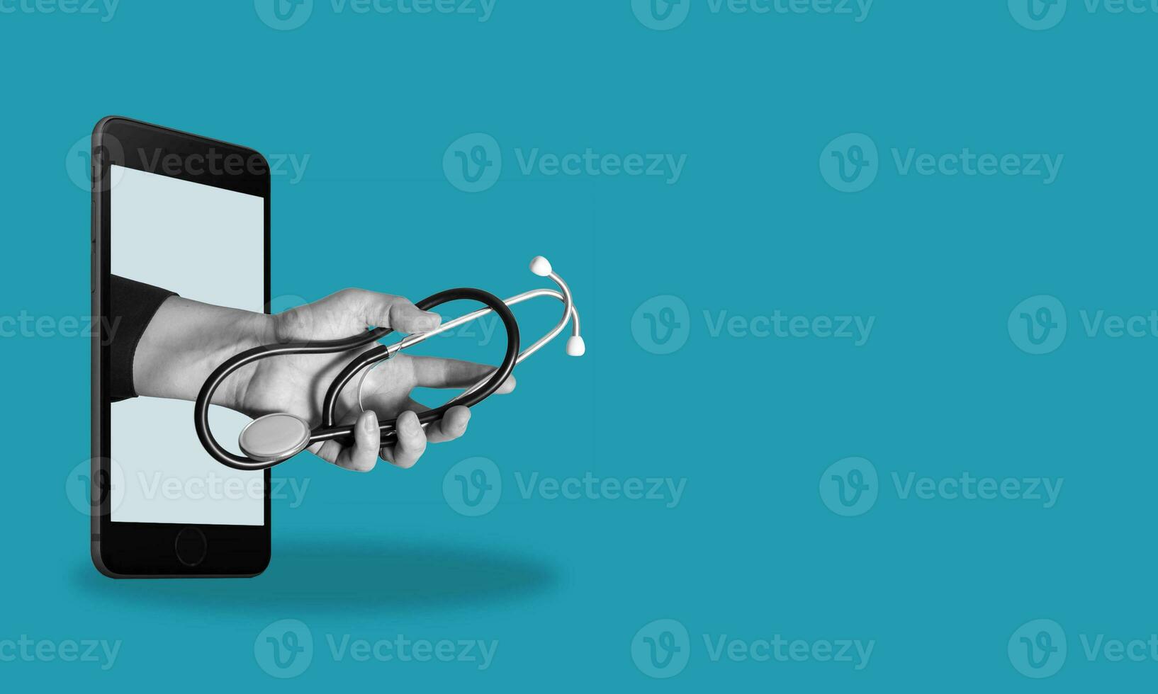 Art collage, the hand with a stethoscope from a phone with space for text on blue background. photo
