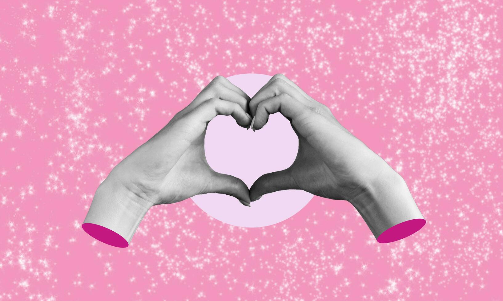 Human female hands, depicting a heart shape, on a pink background. Feelings and emotions. photo