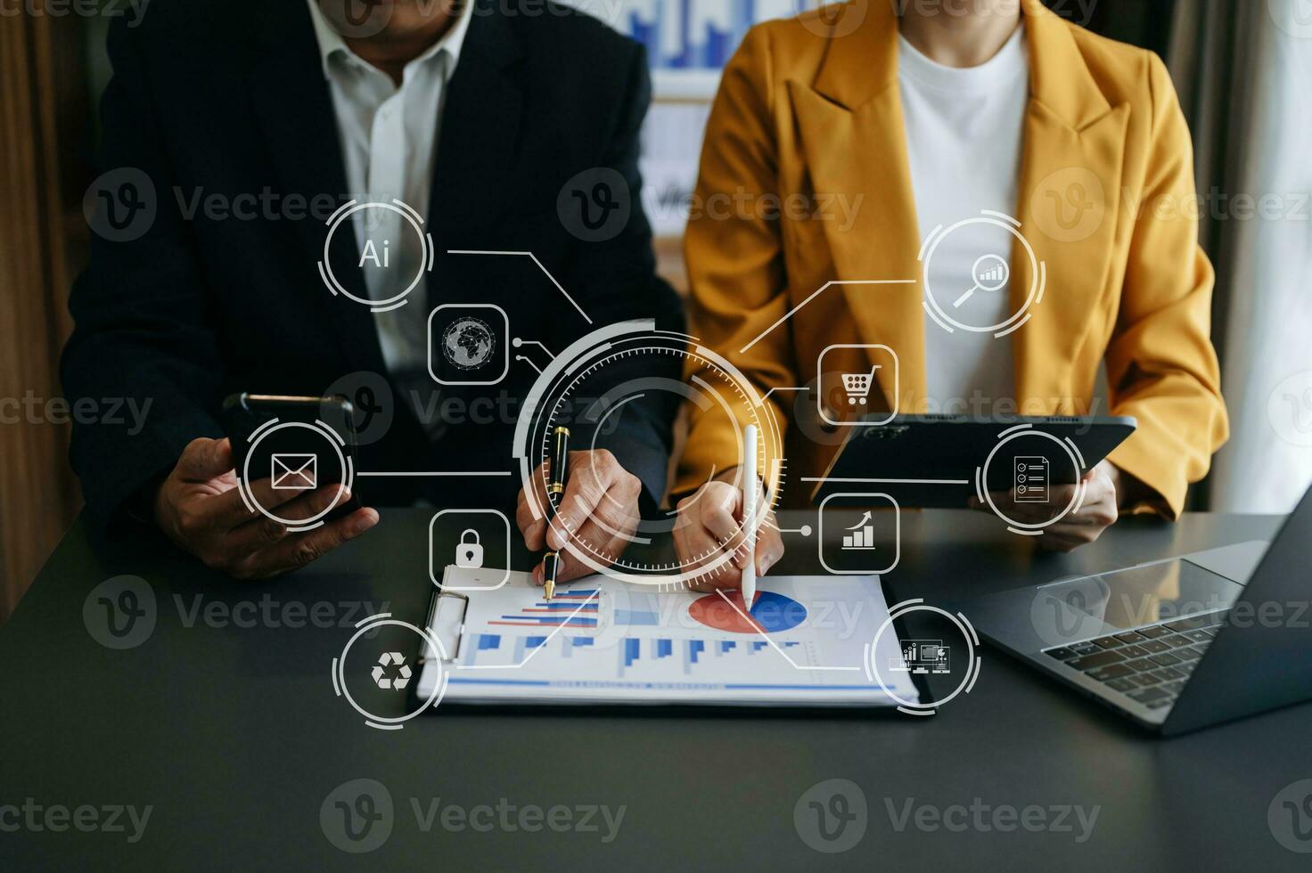Co working process, team working.Coding software developer work with AR new design dashboard computer icons.team business concept photo