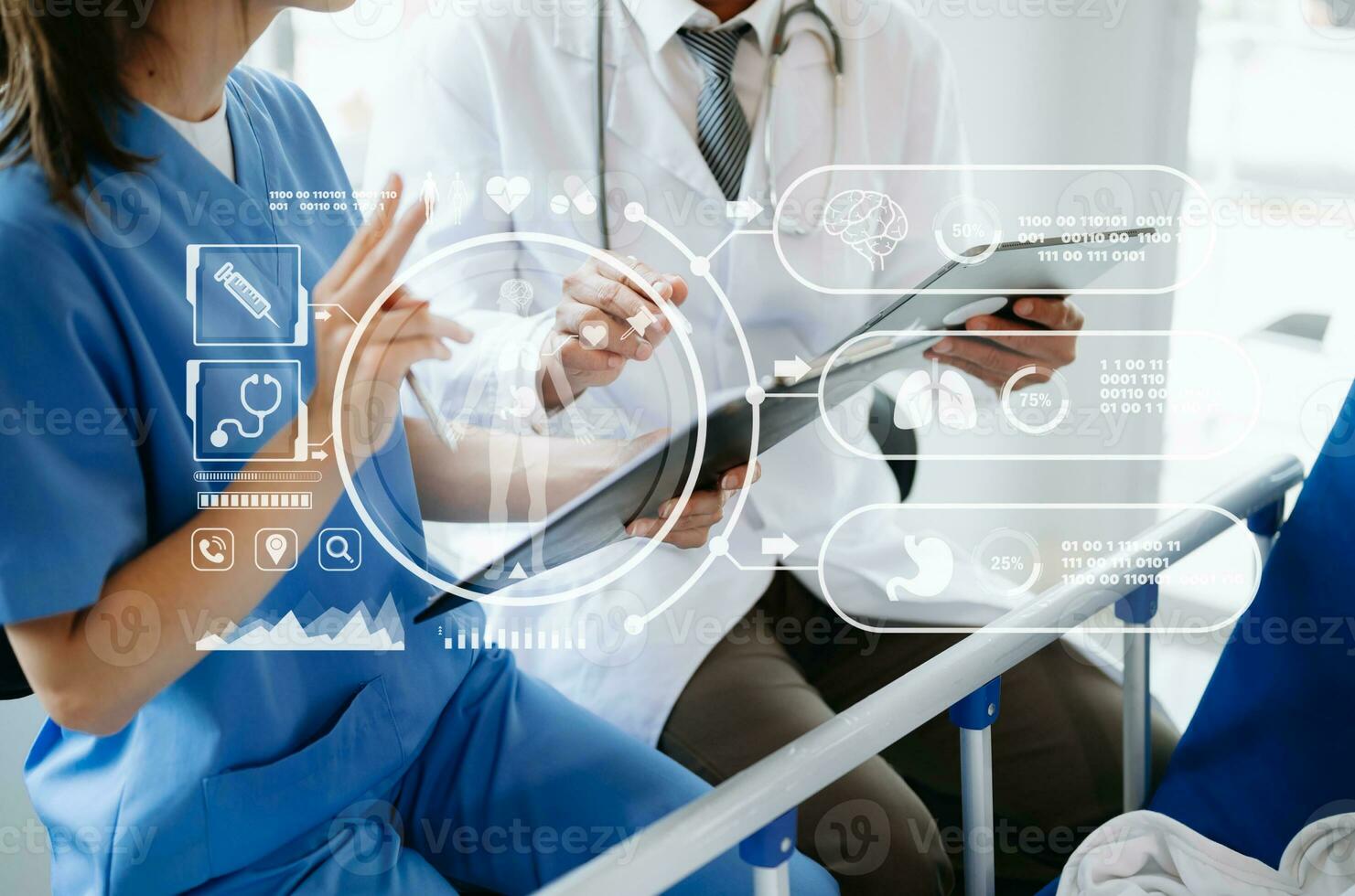 health care business graph data and growth, Medical examination and doctor analyzing medical report network connection on tablet screen photo
