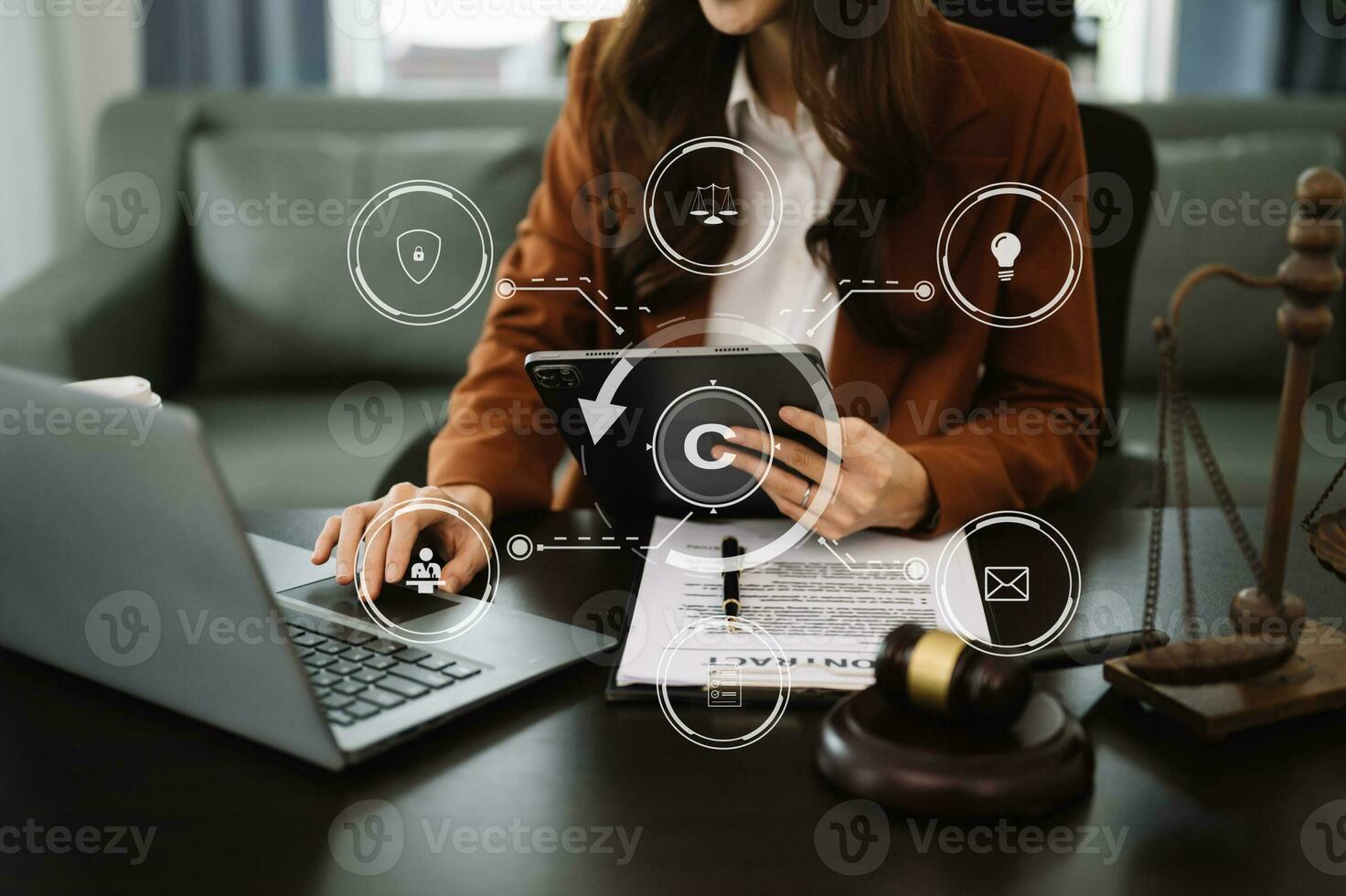 Copyright or patent concept, Business team analyzing data and using smart phone and tablet with virtual screen copyright icon trademark license, Creation ownership against piracy. photo