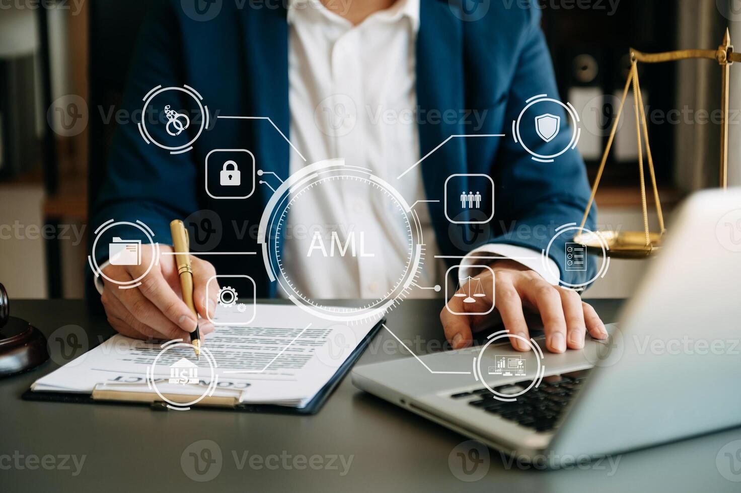 AML Anti Money Laundering Financial Bank Business Concept. judge in a courtroom using laptop and tablet with AML anti money laundering icon on virtual  screen. photo