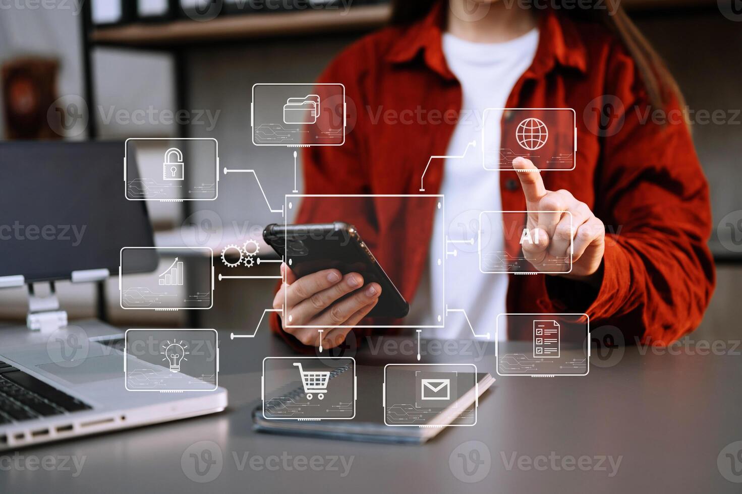 Businessman hand working digital marketing media in virtual screen with mobile phone and modern compute with VR icon diagram at office photo