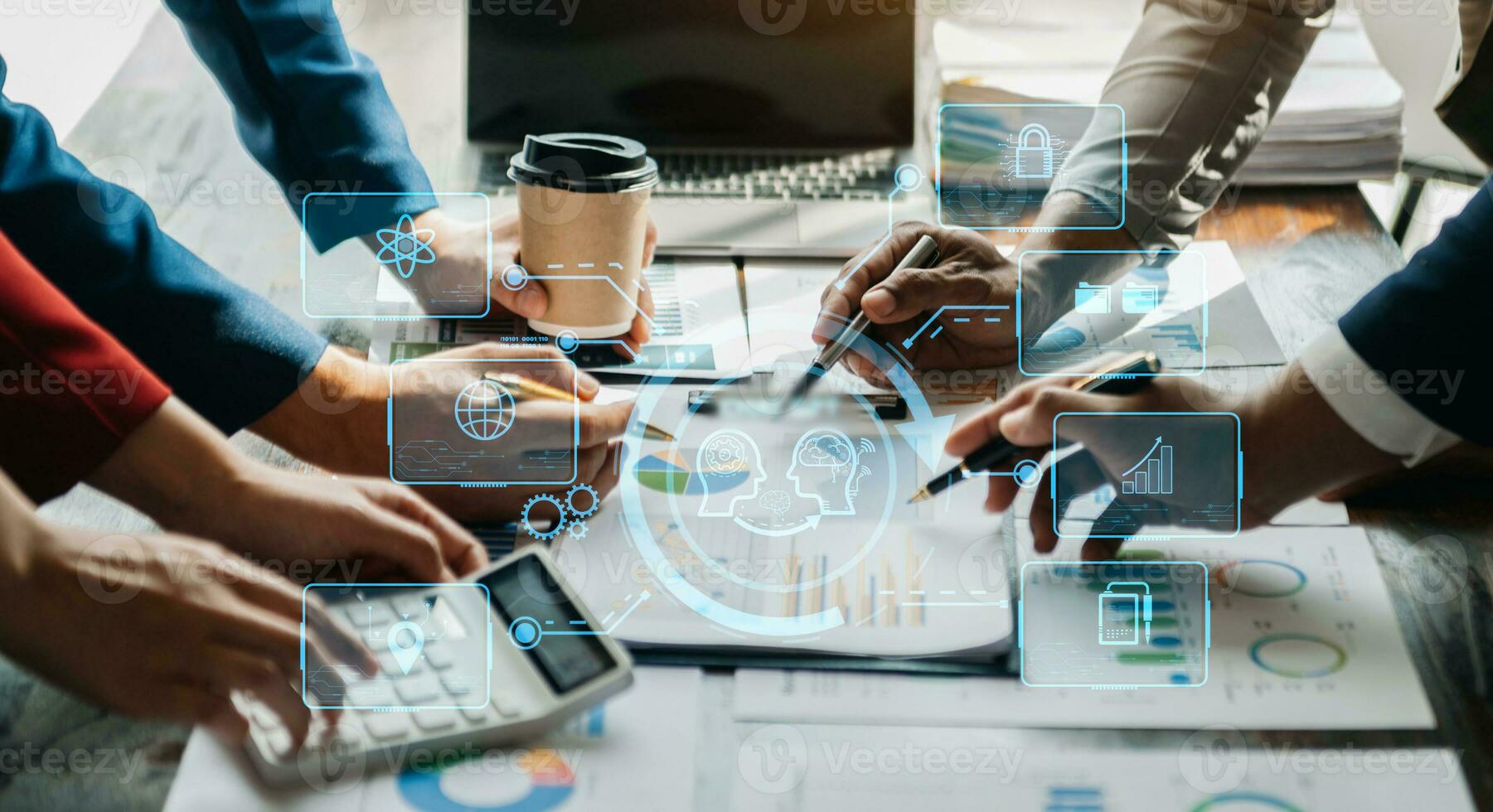 Team business using chatbot in computer and tablet  smart intelligence Ai.Chat GPT Chat with AI Artificial Intelligence, developed by OpenAI generate. Futuristic technology, robot in online system. photo
