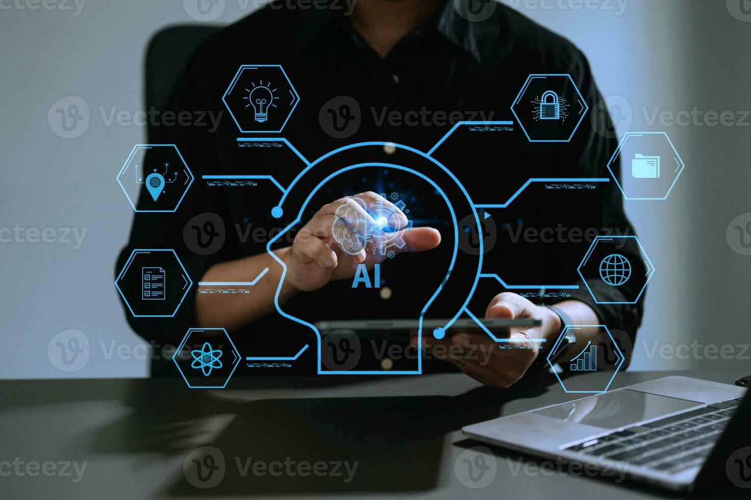Man using chat bot in smartphone intelligence Ai. Chat with AI Artificial Intelligence, developed by OpenAI generate. robot in online system. in modern office photo