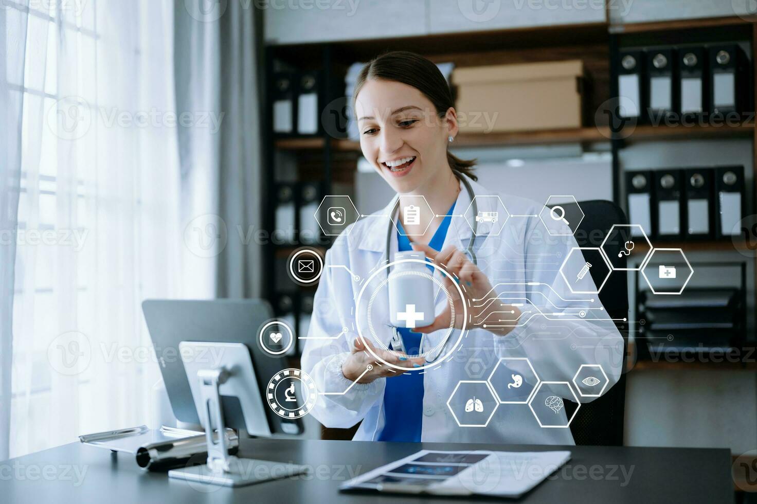 health care business graph data and growth, Medical examination and doctor analyzing medical report network connection on tablet screen. photo