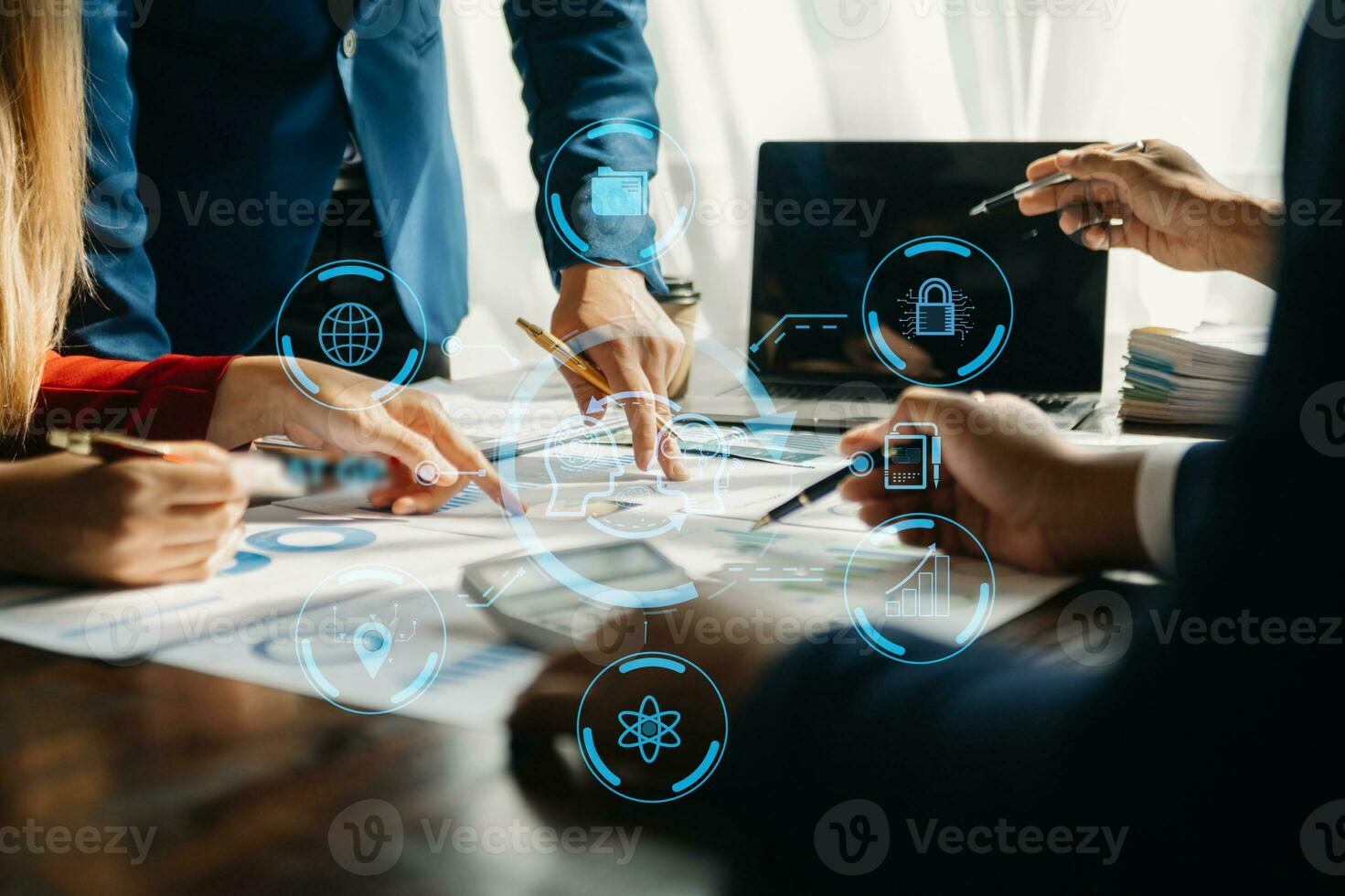 Team business using chatbot in computer and tablet  smart intelligence Ai.Chat GPT Chat with AI Artificial Intelligence, developed by OpenAI generate. Futuristic technology, robot in online system. photo