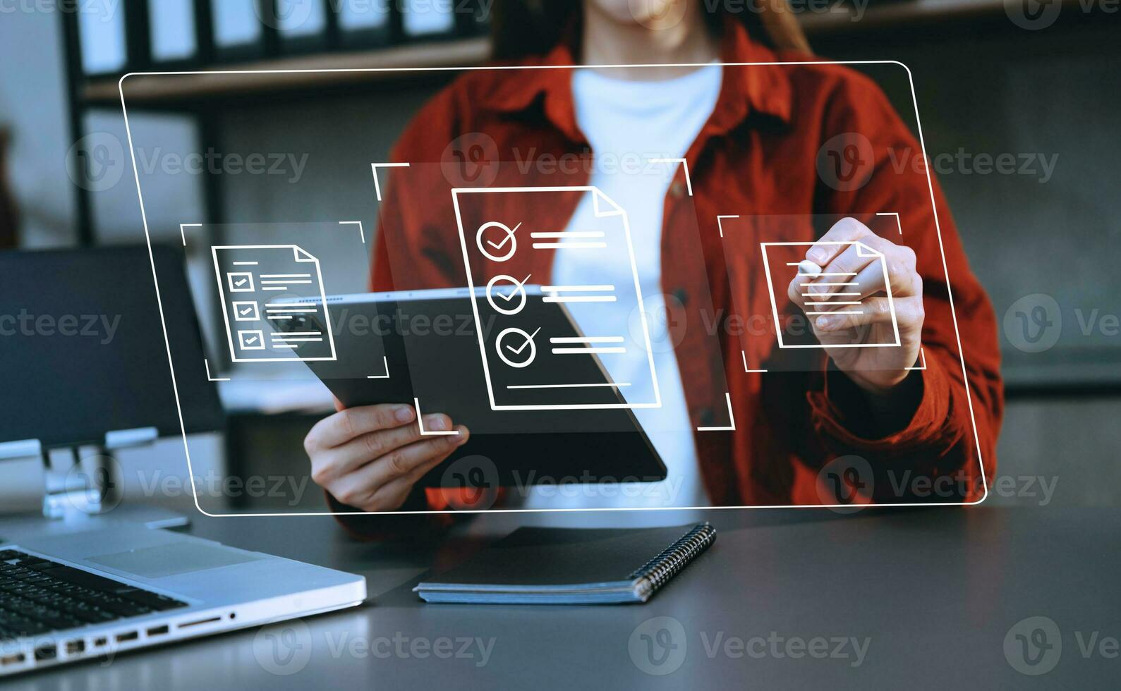 E-document management Paperless workplace, e-signing, electronic signature, document management. businessman signs an electronic document on a virtual notebook screen using a stylus pencil. photo