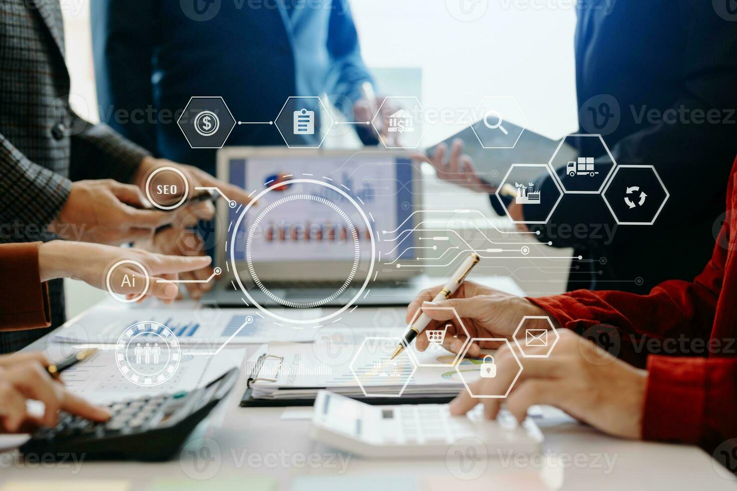 Working team meeting concept, business using laptop and smart phone and digital tablet computer with digital marketing media  in virtual icon network diagram office photo