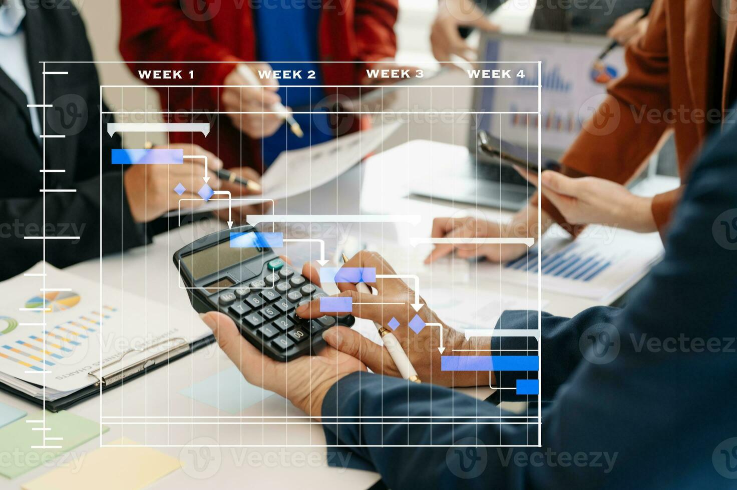 Project manager working and update tasks with milestones progress planning and Gantt chart scheduling diagram.business tram working at office photo