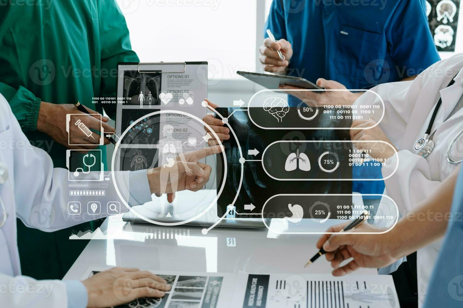 Medical technology network team meeting concept. Doctor hand working with smart phone modern digital tablet and laptop computer with graphics chart interface, with virtual icon photo