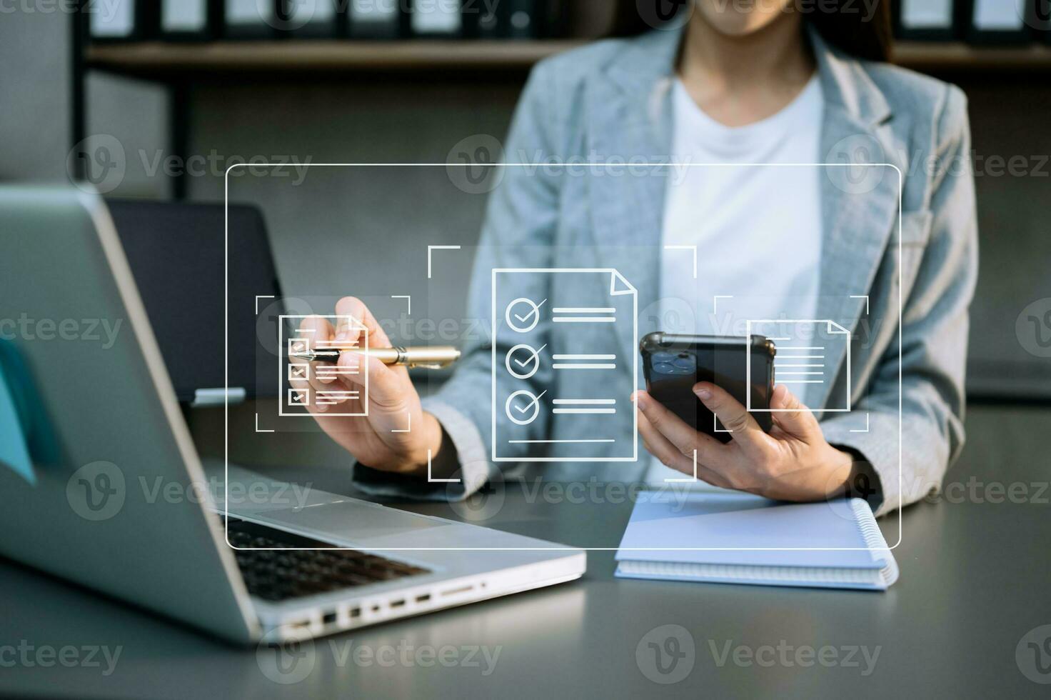 E-document management Paperless workplace, e-signing, electronic signature, document management. businessman signs an electronic document on a virtual notebook screen using a stylus pencil. photo