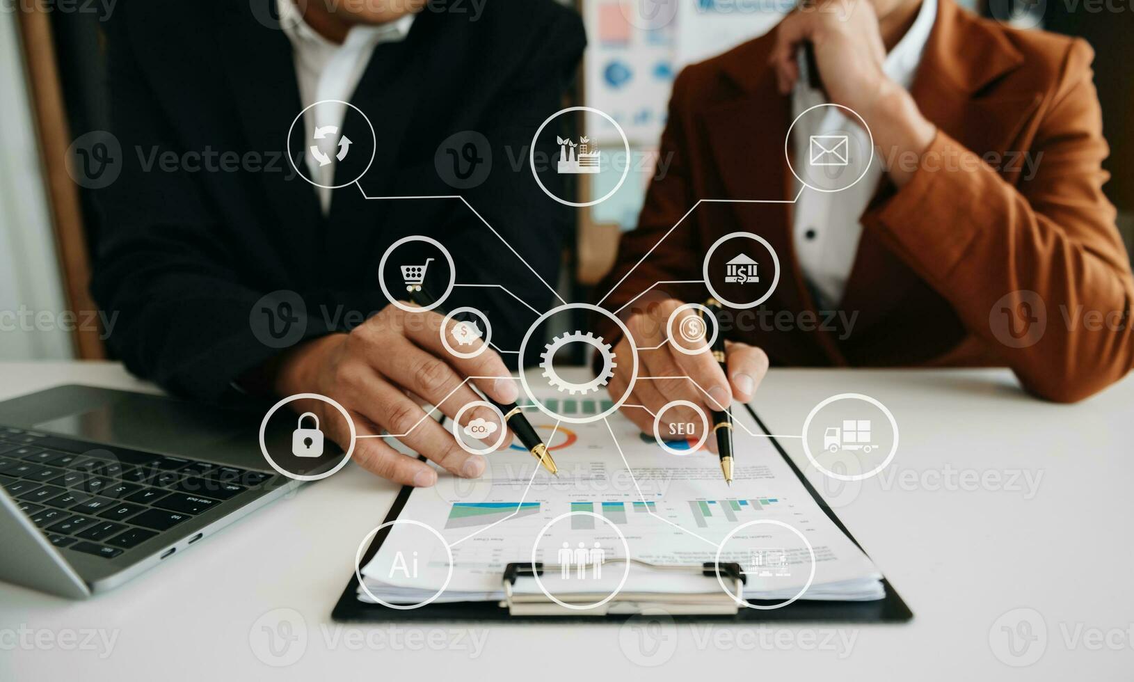 Business team partnership meeting concept. Business hand using laptop, tablet and smartphone  in office. Digital marketing media mobile app in virtual icon screen photo