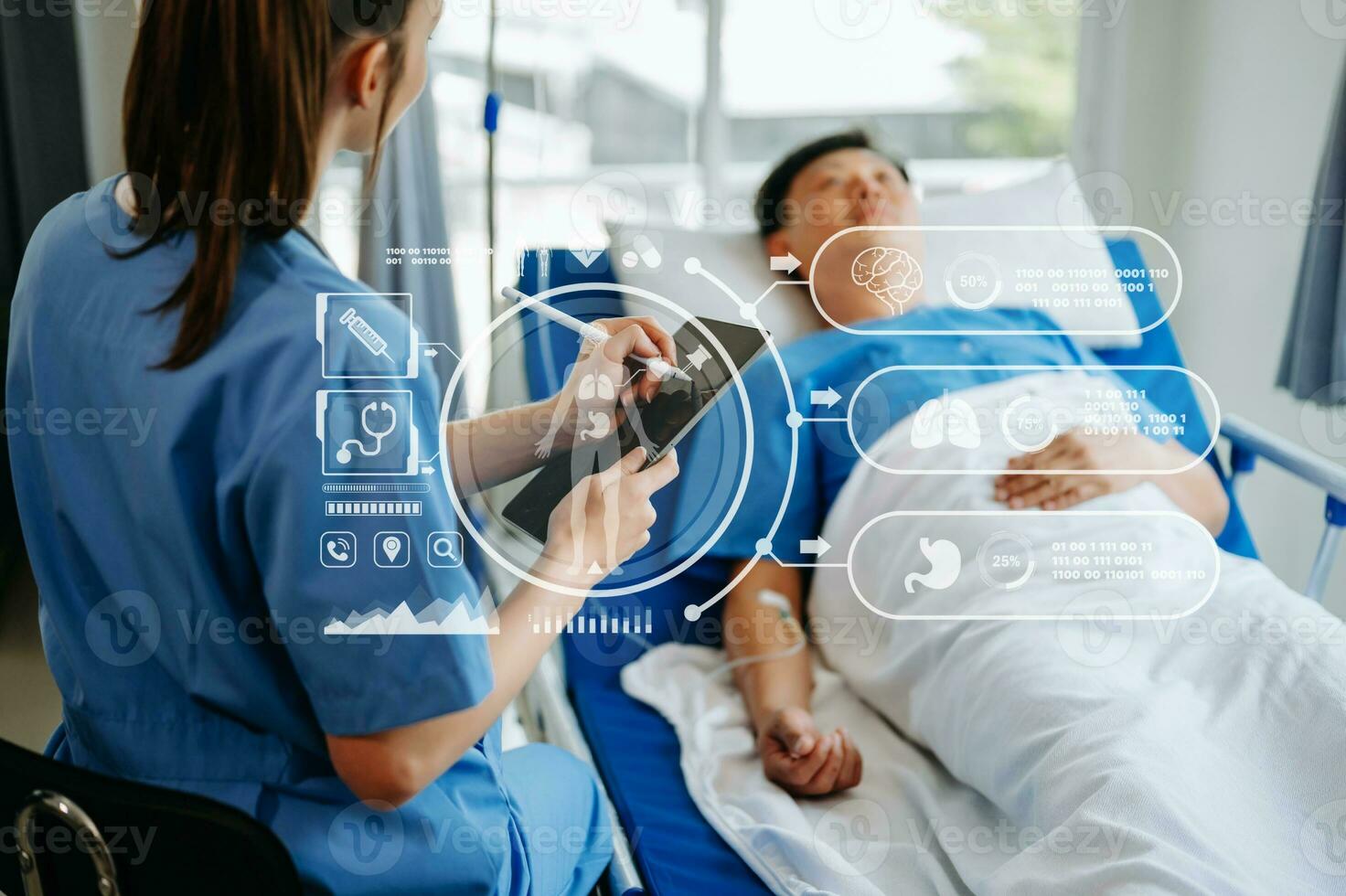 Doctor discussing treatment with male patient talking and laughing sitting on examination bed in modern hospital photo