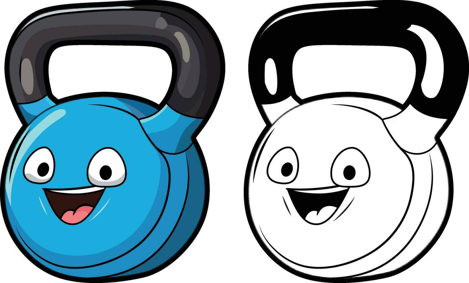 Happy cartoon kettlebell vector illustration, kettle bell, cannonball with a handle vector image, icon symbol in colors and black and white line drawing stock image