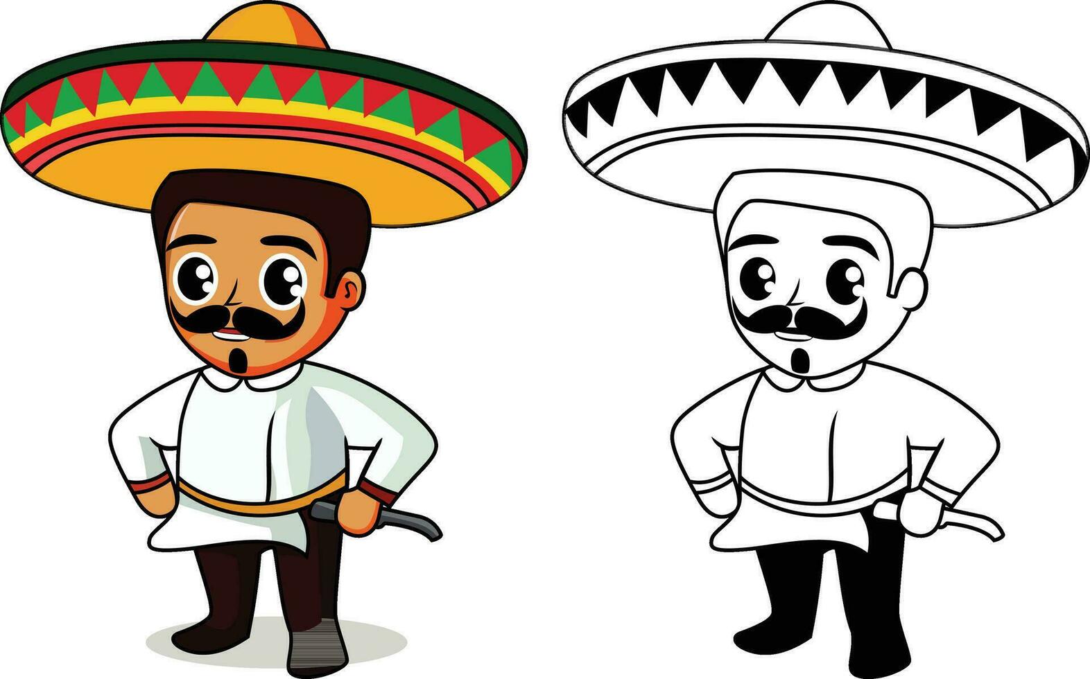 Mexican Chef with a mustache wearing a sombrero cartoon vector illustration, Mexican cook , chef wearing a Mexican hat with Stache , hands on hip colored and black and white stock vector image