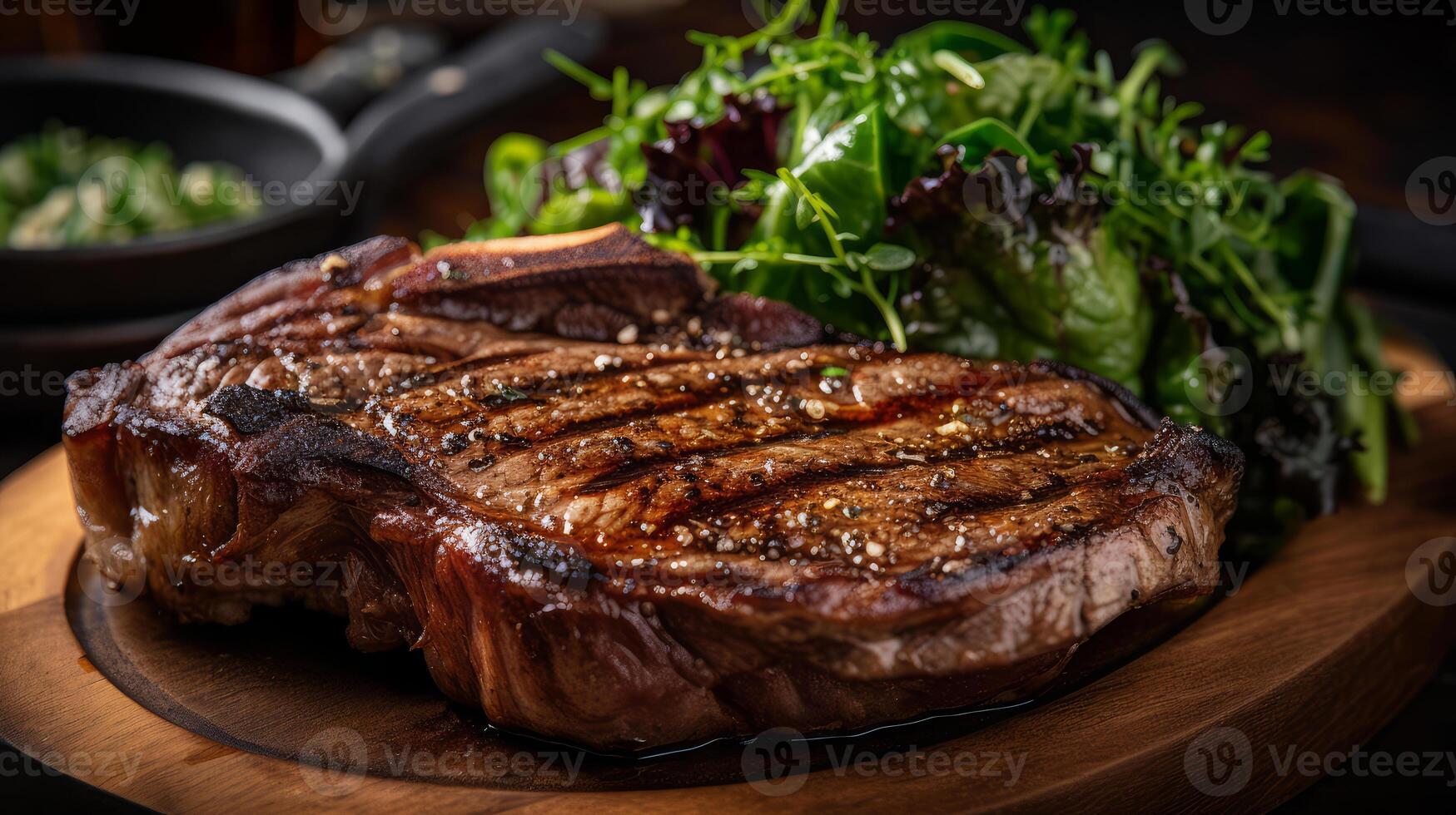 Grilled beef steak with arugula and salad on wooden board. . photo