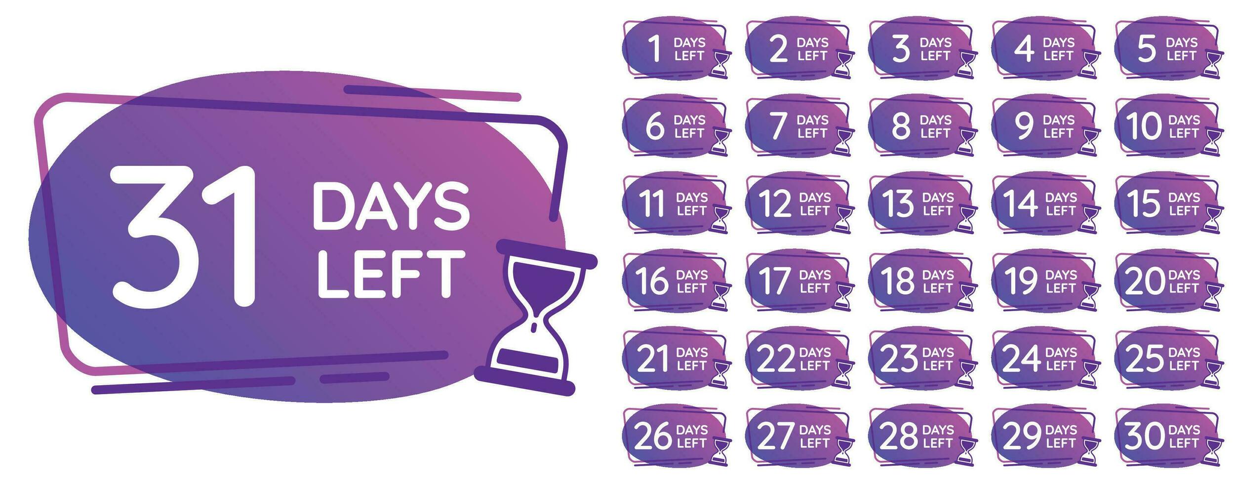Days left badges. Day numbers countdown clock, hourglass counter reminder and sand clocks times badge vector illustration set