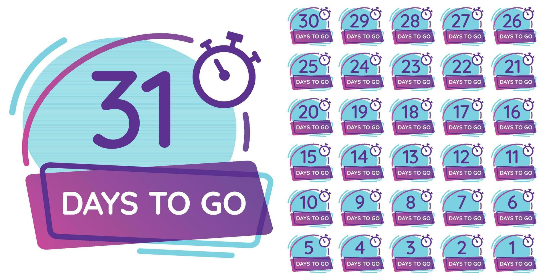 Days to go badge. Business day countdown, release date counter and timer number badges vector illustration set