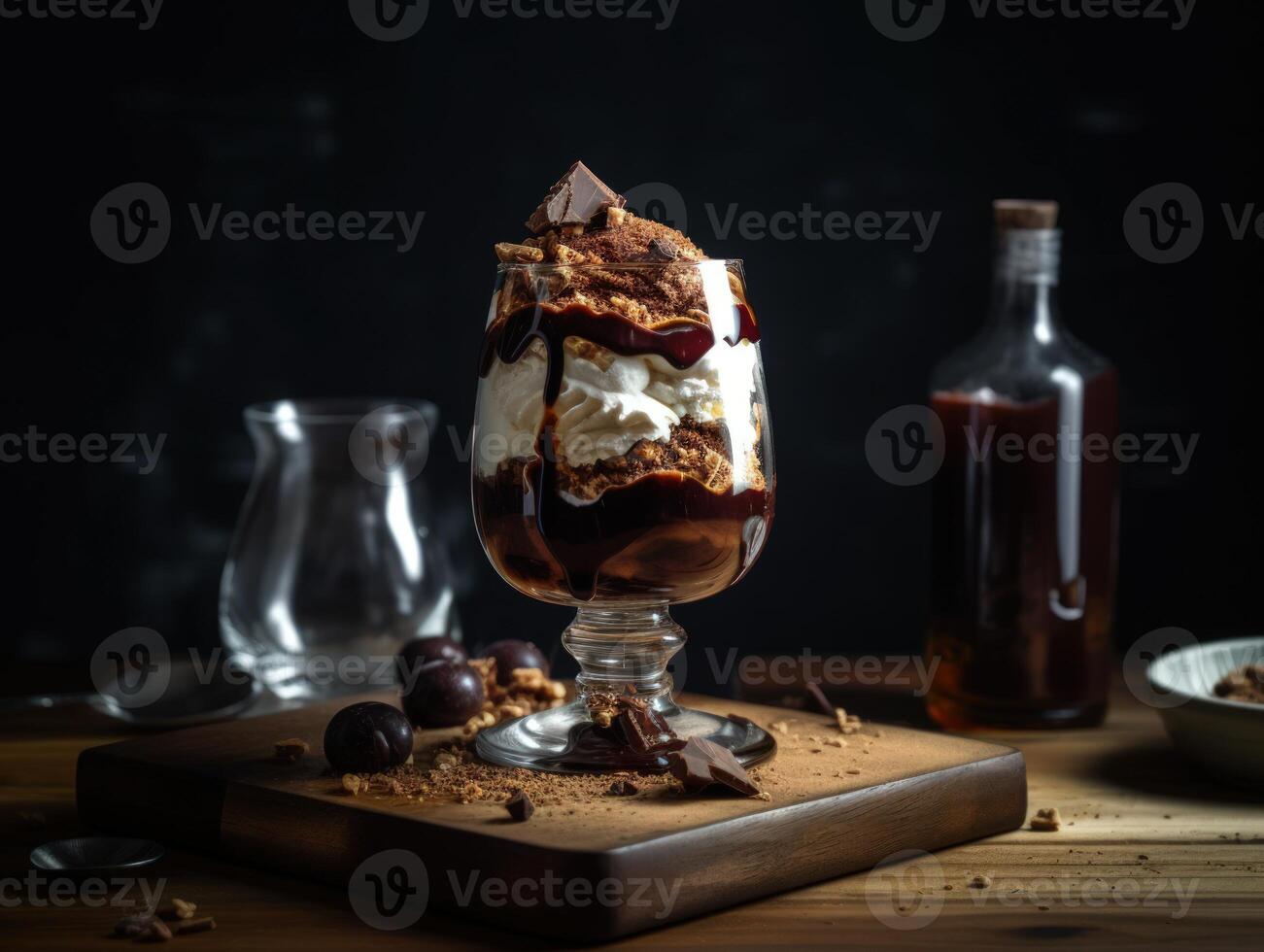Tasty cold chocolate and vanilla ice cream sundae. photo