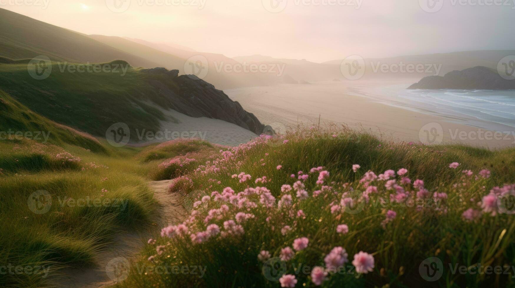 orilla cubierto en rosado flores por el mar. generativo ai foto