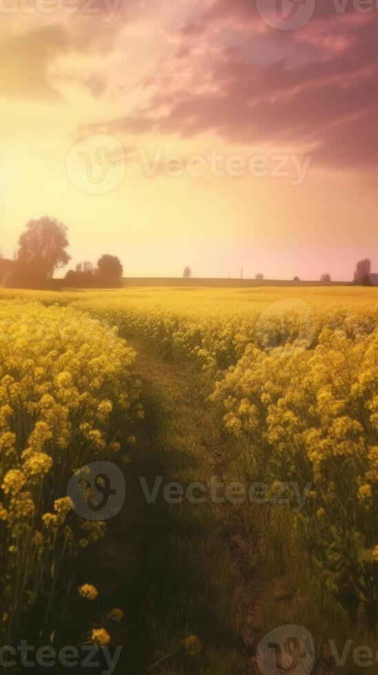 Beautiful local farm with sunset in the countryside field. photo