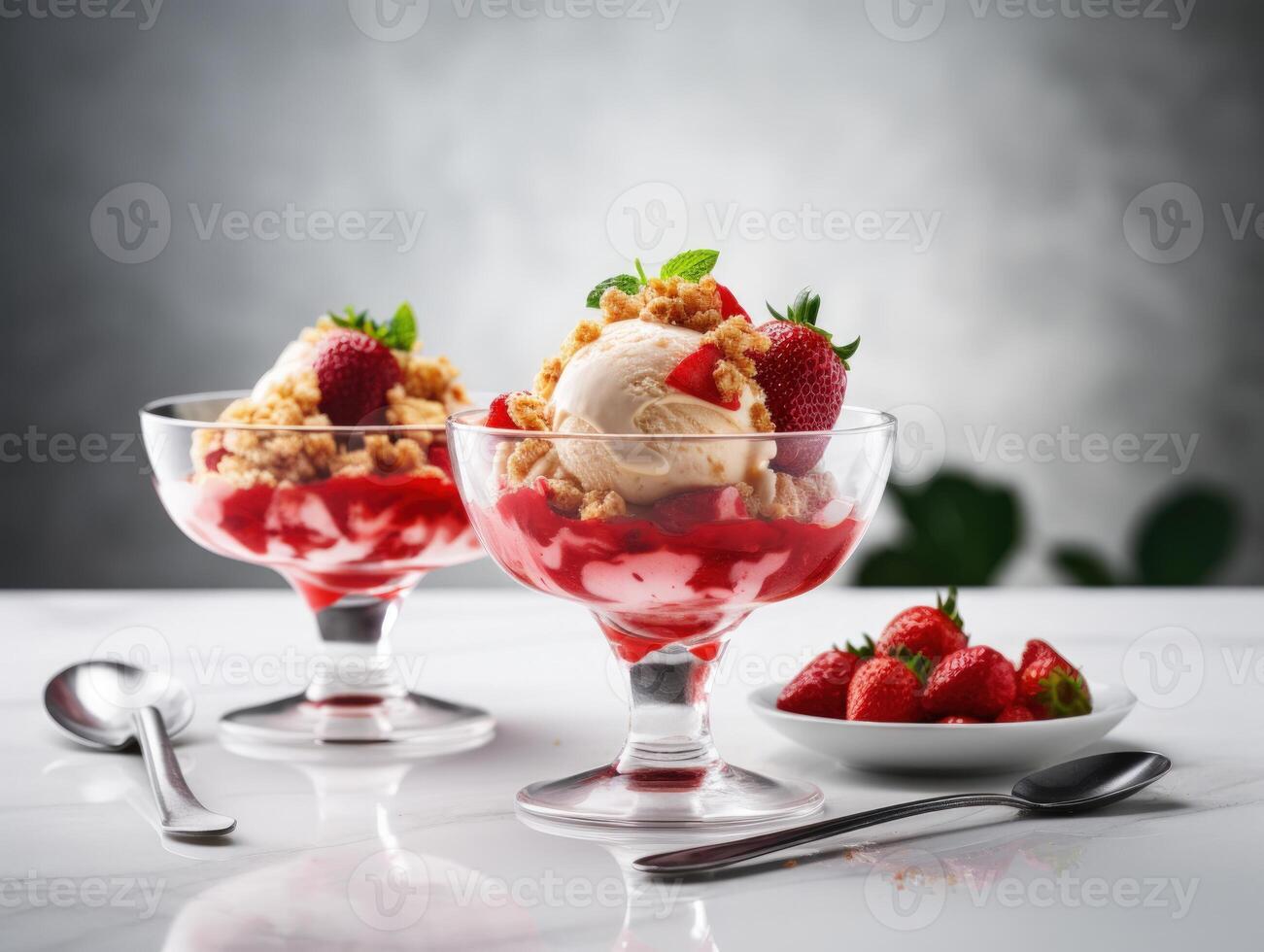 hielo crema helado con frutas y nueces con fresa salsa en blanco mesa. generativo ai foto
