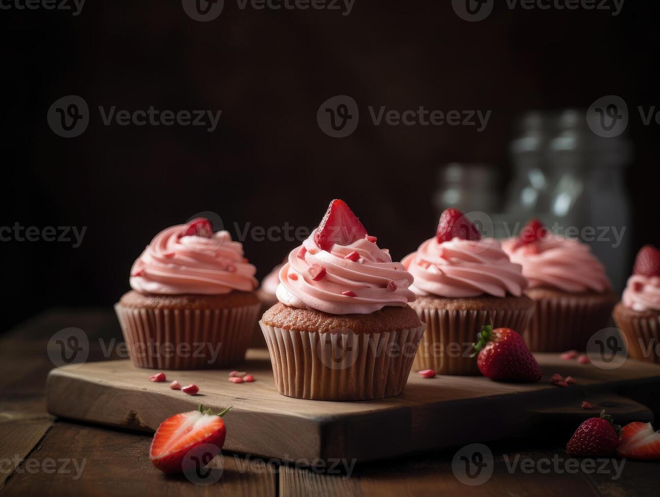 Homemade pink sweet cupcakes strawberries. photo