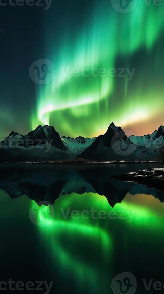 Beautiful Northern Lights above mountain and river. photo