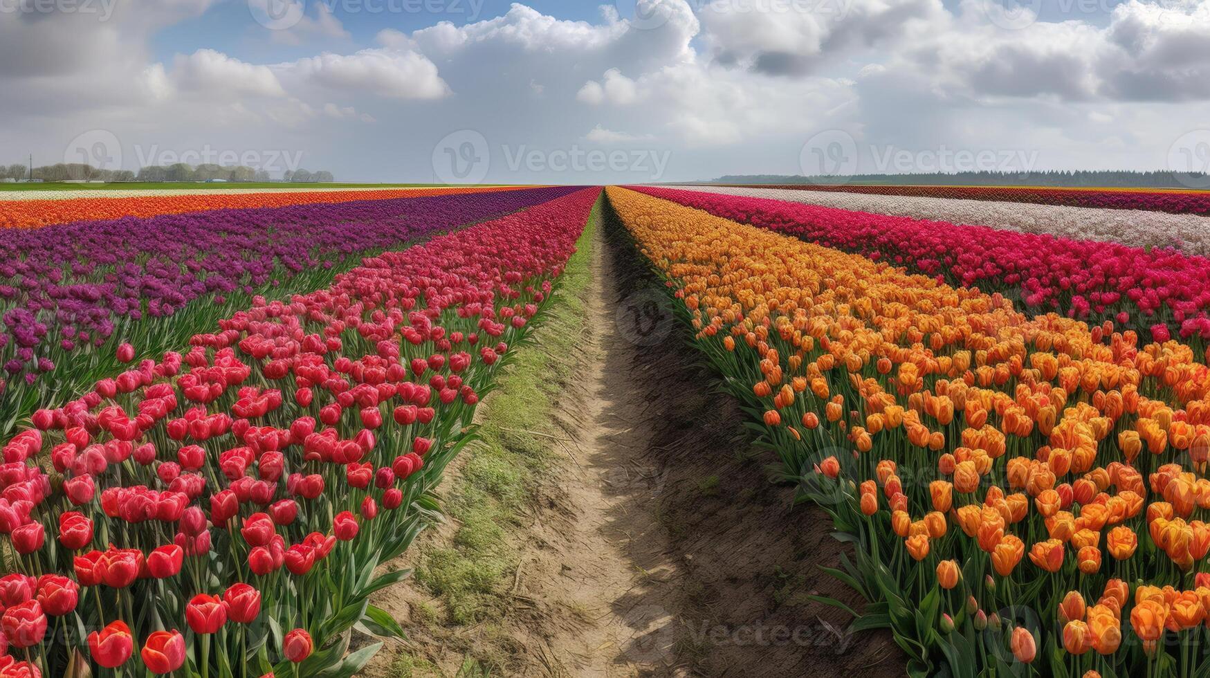 Colorful open field with beautiful tulips. photo
