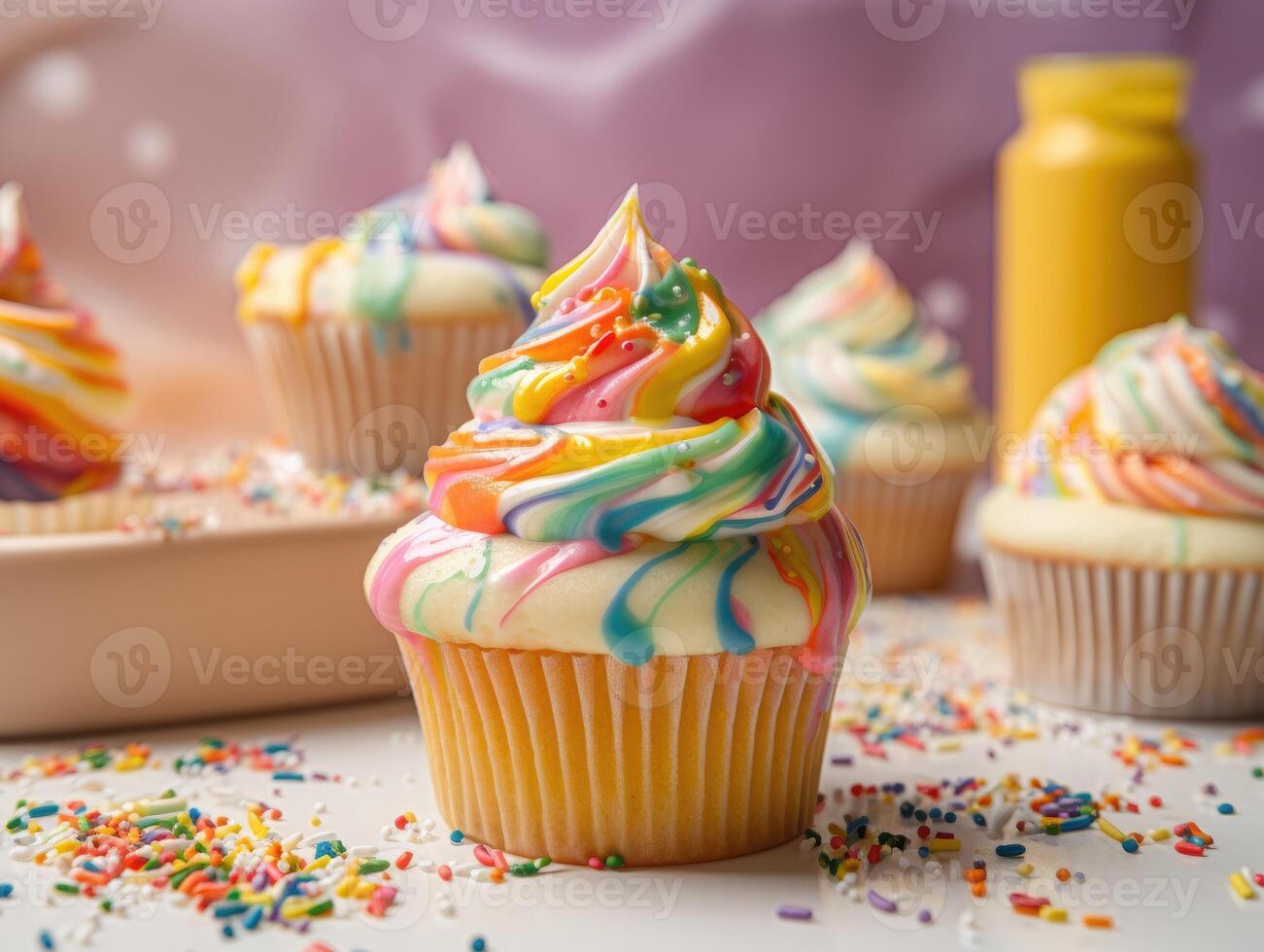 Festive Cupcake Frosting Top with Sprinkles. photo