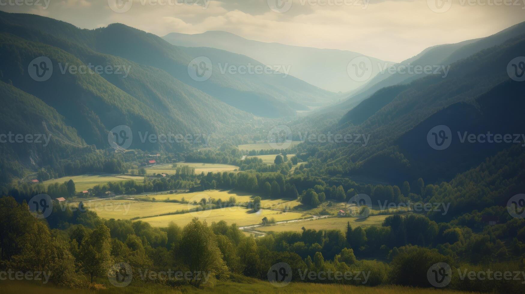 Image of mountain valley with mountains and a forest. . photo