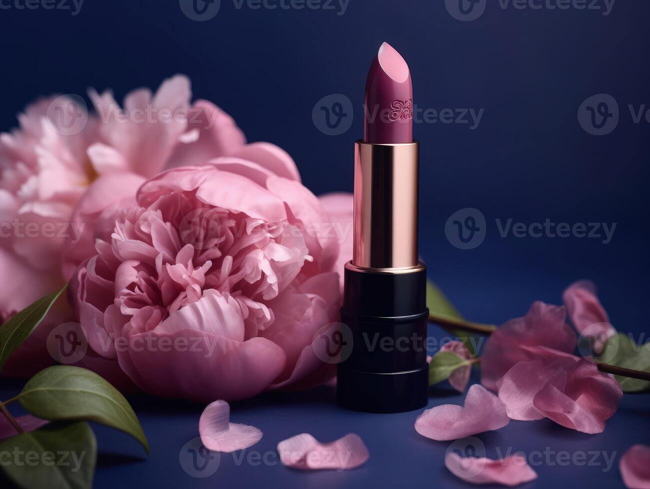 Beautiful pink lipstick with blue luxury case and pink flowers. Generative AI photo