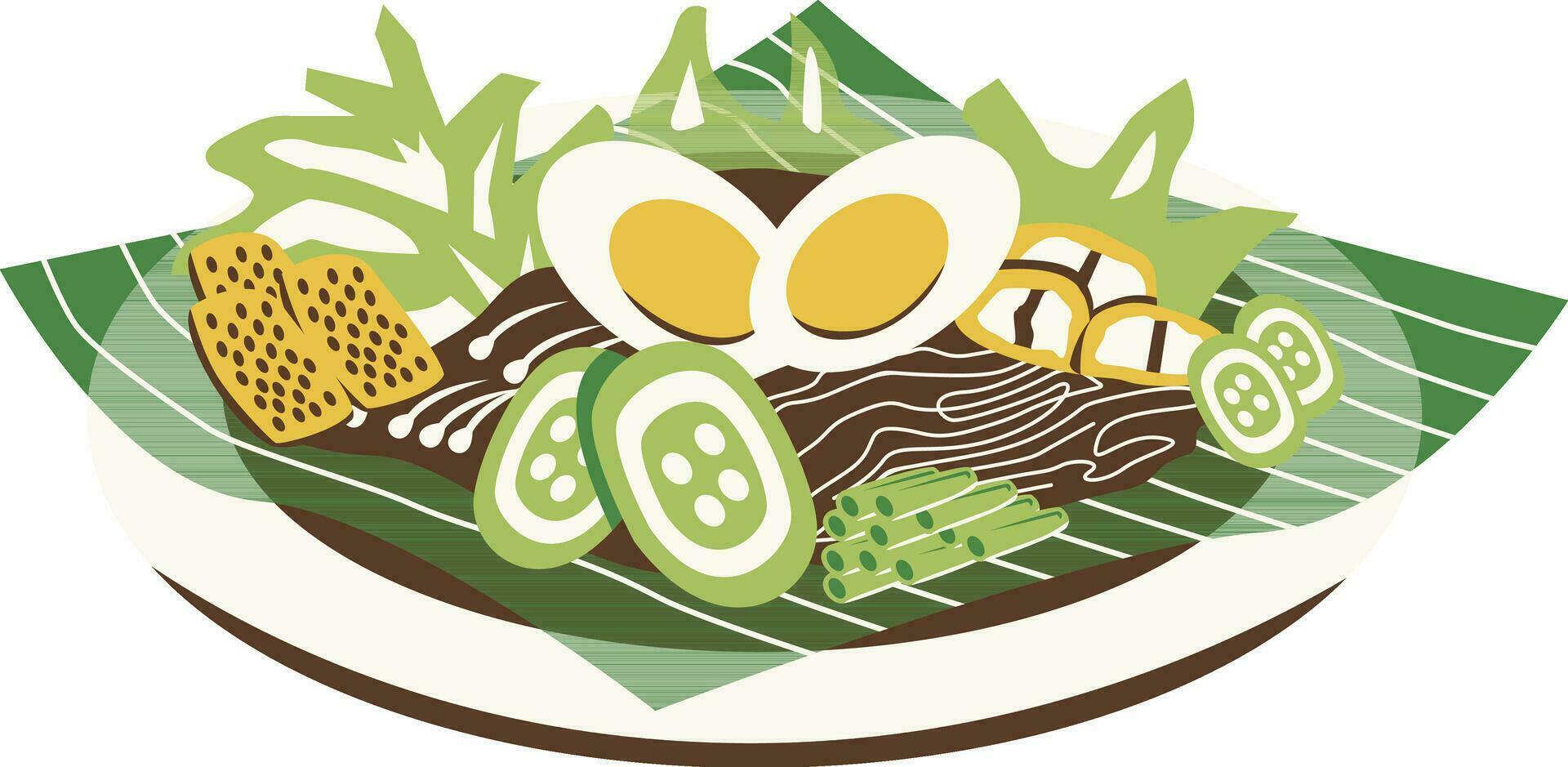 tallarines con vegetales y huevos en un lámina. vector ilustración