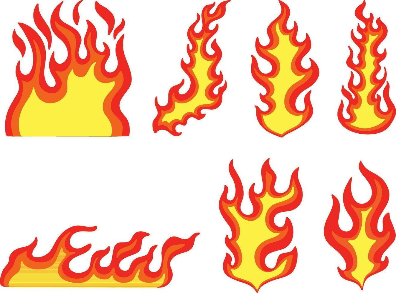 Fire flames set isolated on white background. Flat style vector illustration.