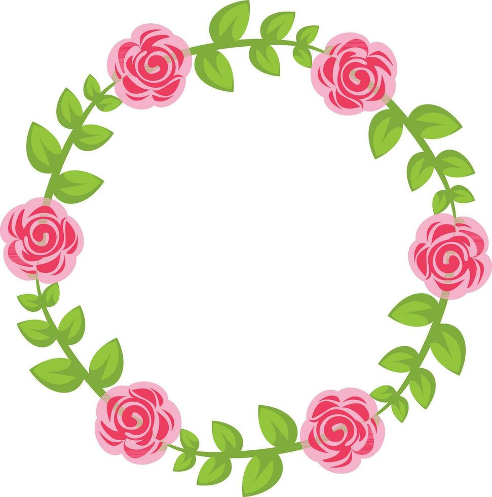 Round frame with pink roses on white background. Vector illustration in flat style.