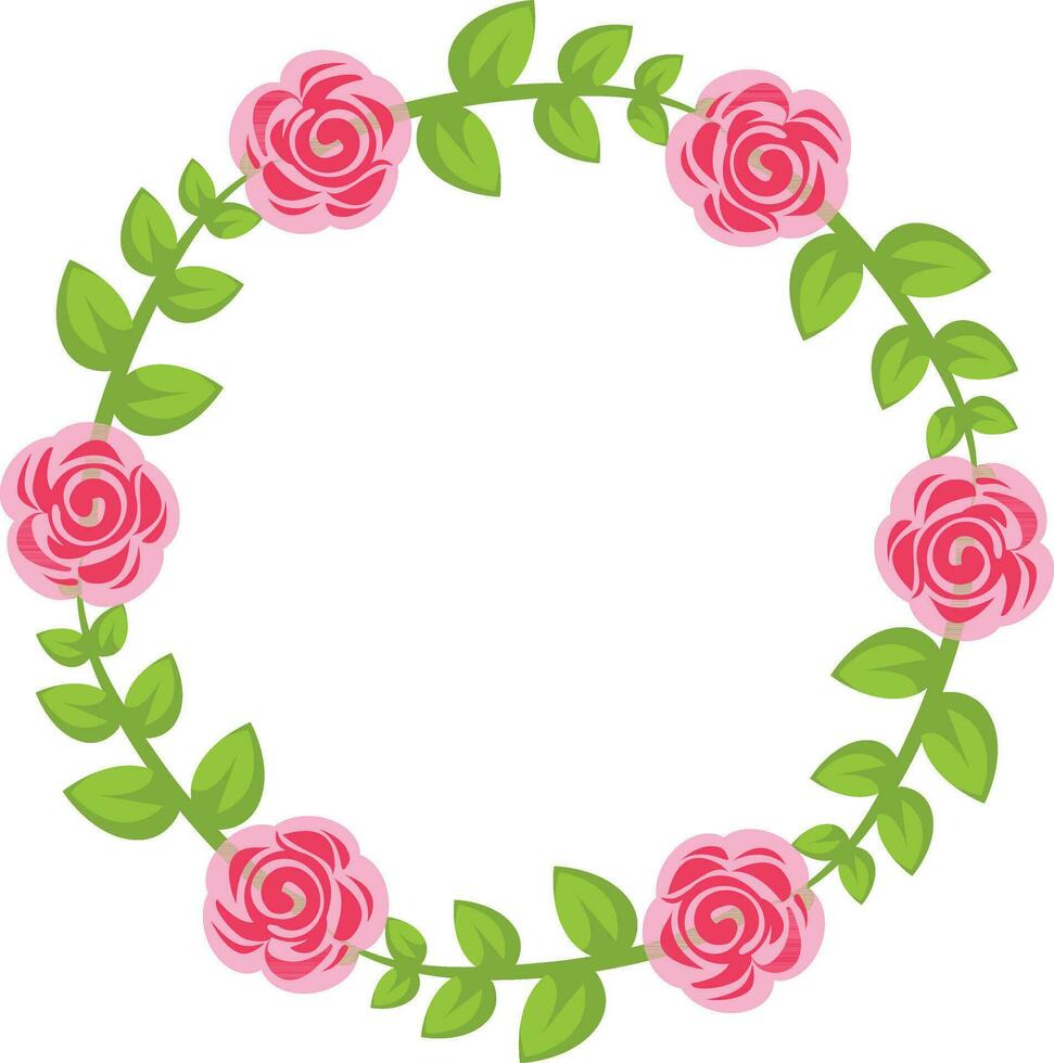 Round frame with pink roses on white background. Vector illustration in flat style.