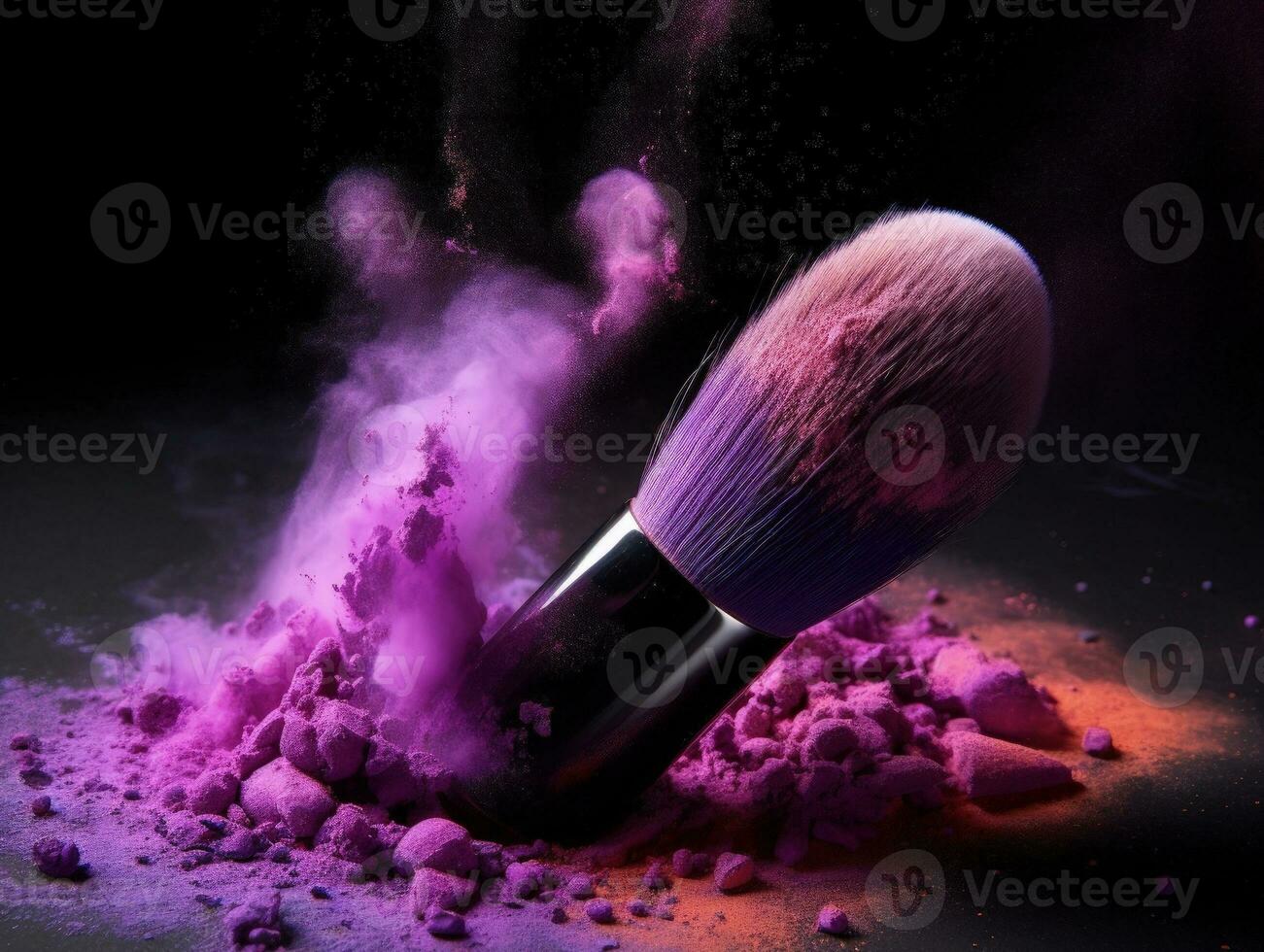 Make up brush with purple powder isolated on black background. Generative AI photo