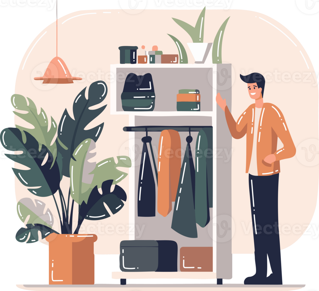 Hand Drawn smiling man with wardrobe in flat style png