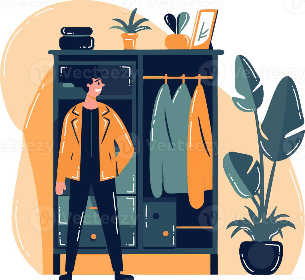 Hand Drawn smiling man with wardrobe in flat style png