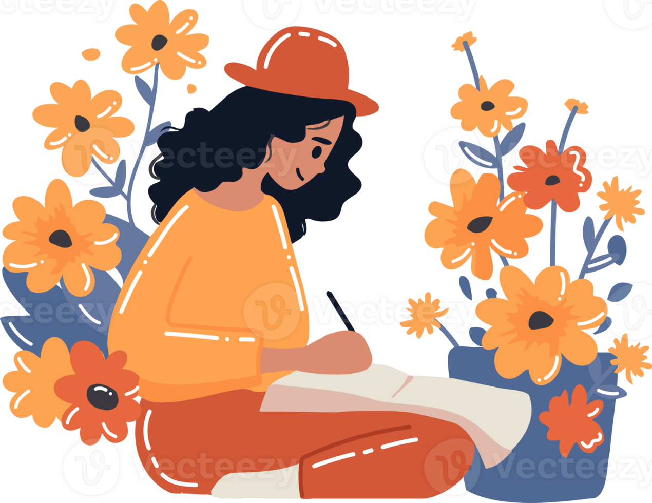 Hand Drawn Female artist sitting and drawing at the flower garden in flat style png