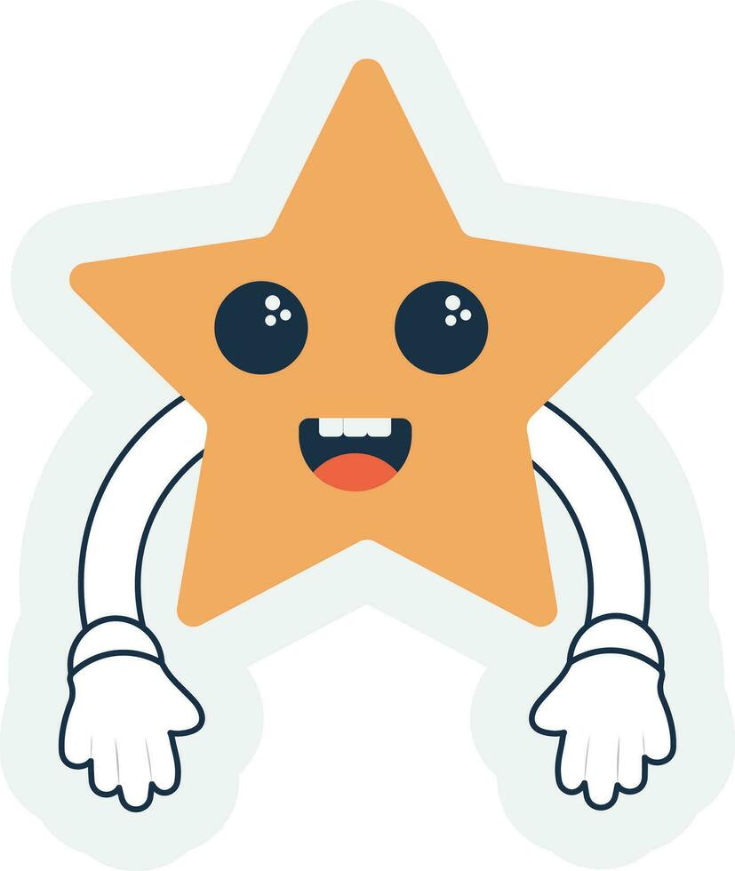 Isolated Sticker Of Yellow Cheerful Star Cartoon With Hand Down Against Grey Background. vector