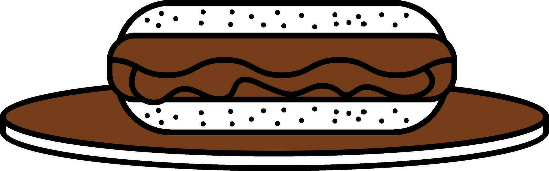 Hot Dog On Plate Icon In Brown And White Color. vector