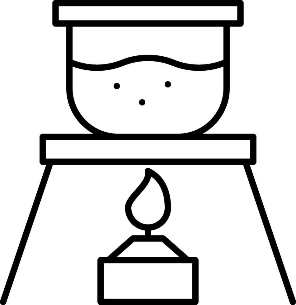 Chemical Flask At Burner Icon In Black Line Art. vector